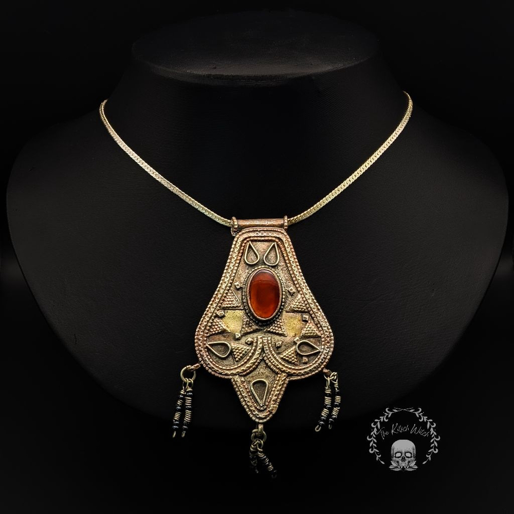 Antique Low Silver and Brass Turkman Asysk Talisman Pendant with Carnelian Stone